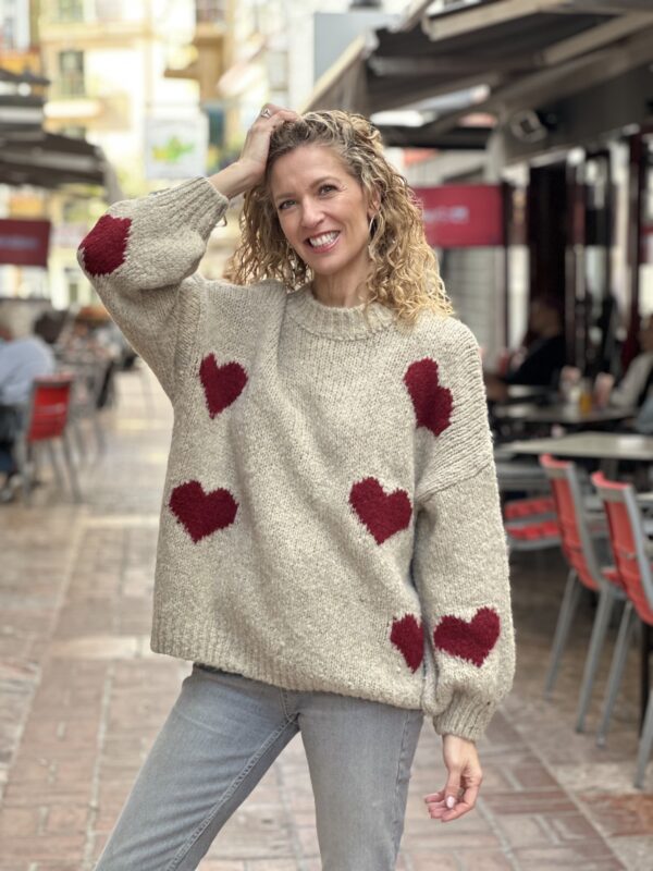 Jersey corazones camel y rojo